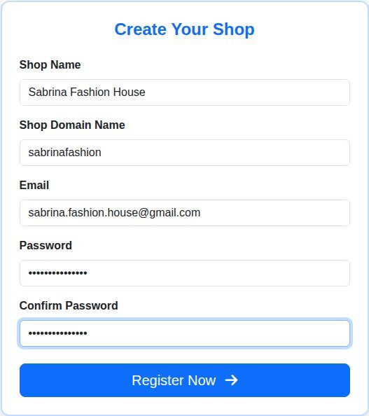 Create Your Shop registration form filled in with shop name, domain, email and password