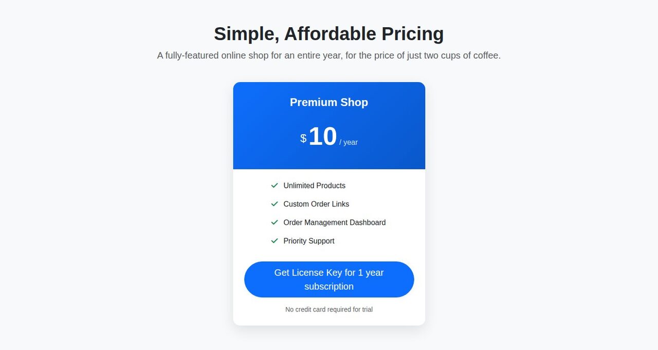 Simple, Affordable Pricing — Premium Shop 10 USD per year