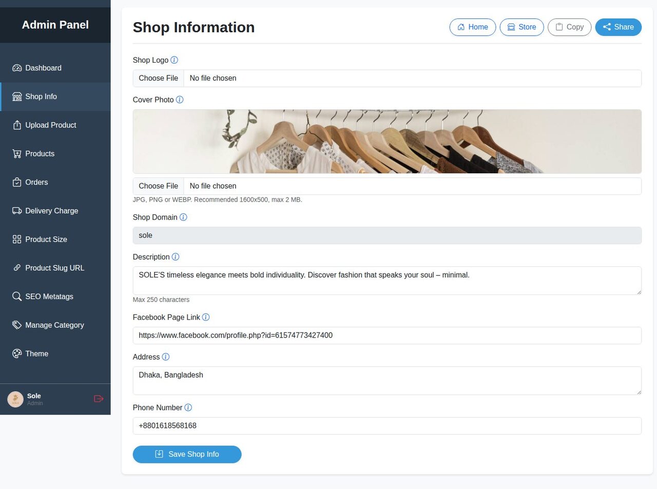 Shop Information form with logo, cover photo, description, Facebook link, address and phone