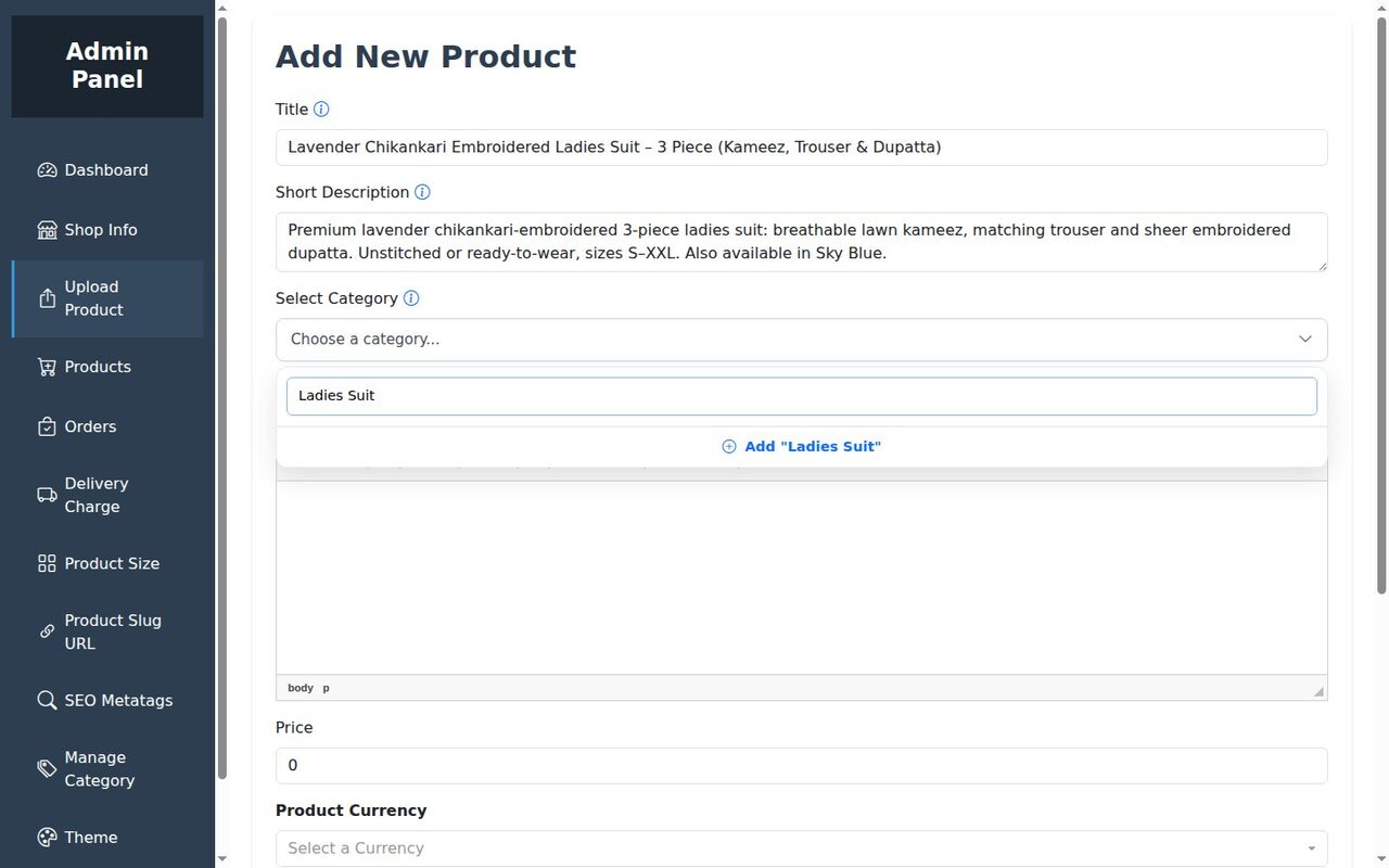 Adding a new category called Ladies Suit inline from the Upload Product form
