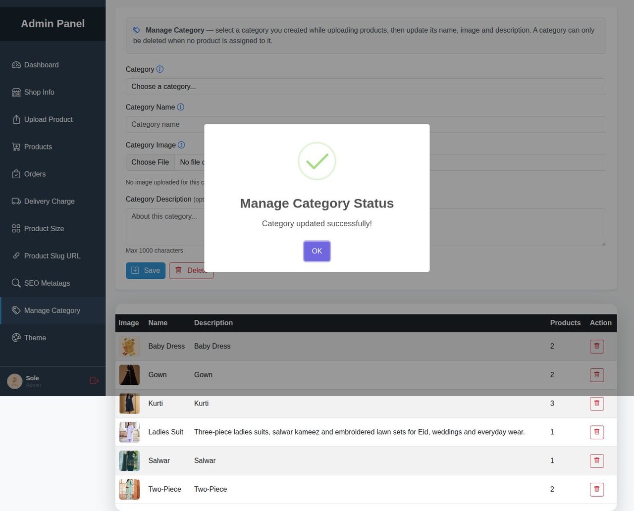 Manage Category page showing the category table and a success message