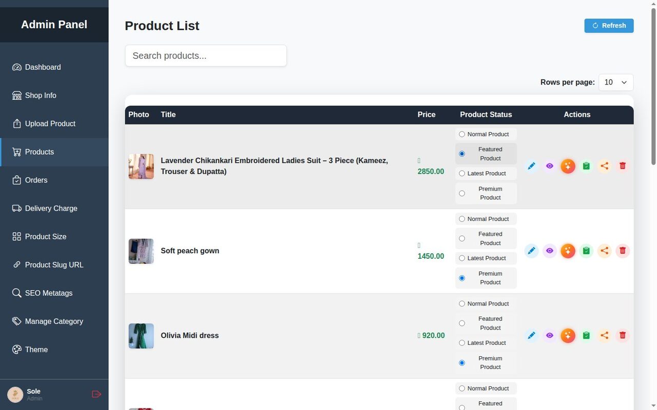 Product status changed to Featured Product with a success message