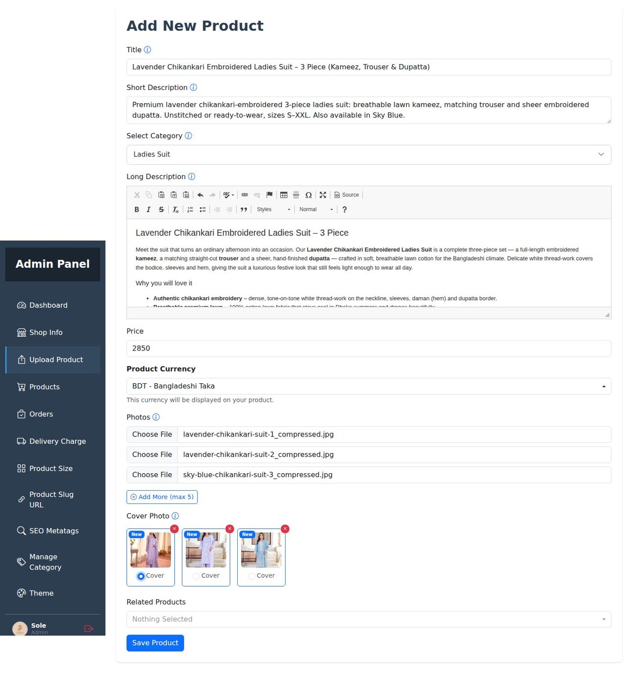 Add New Product form filled in with title, short description, category, long description, price and photos