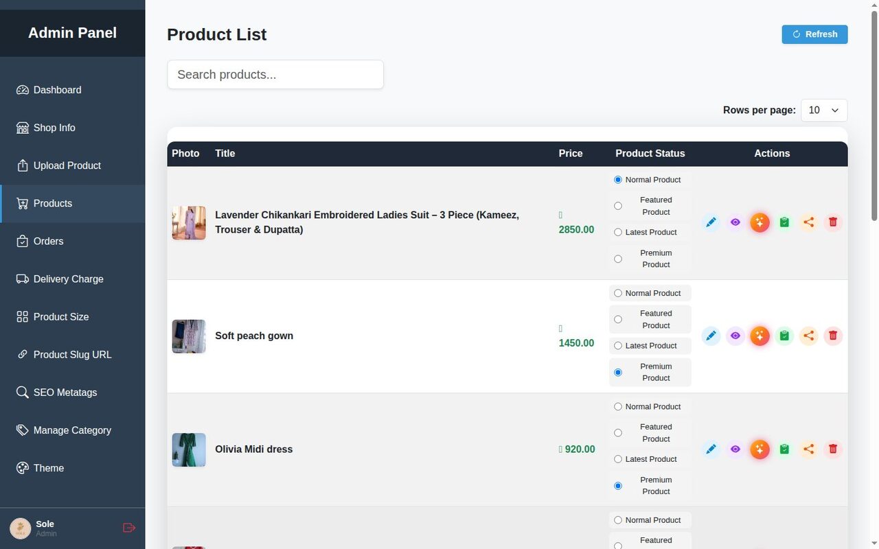 Product List showing the newly saved ladies suit