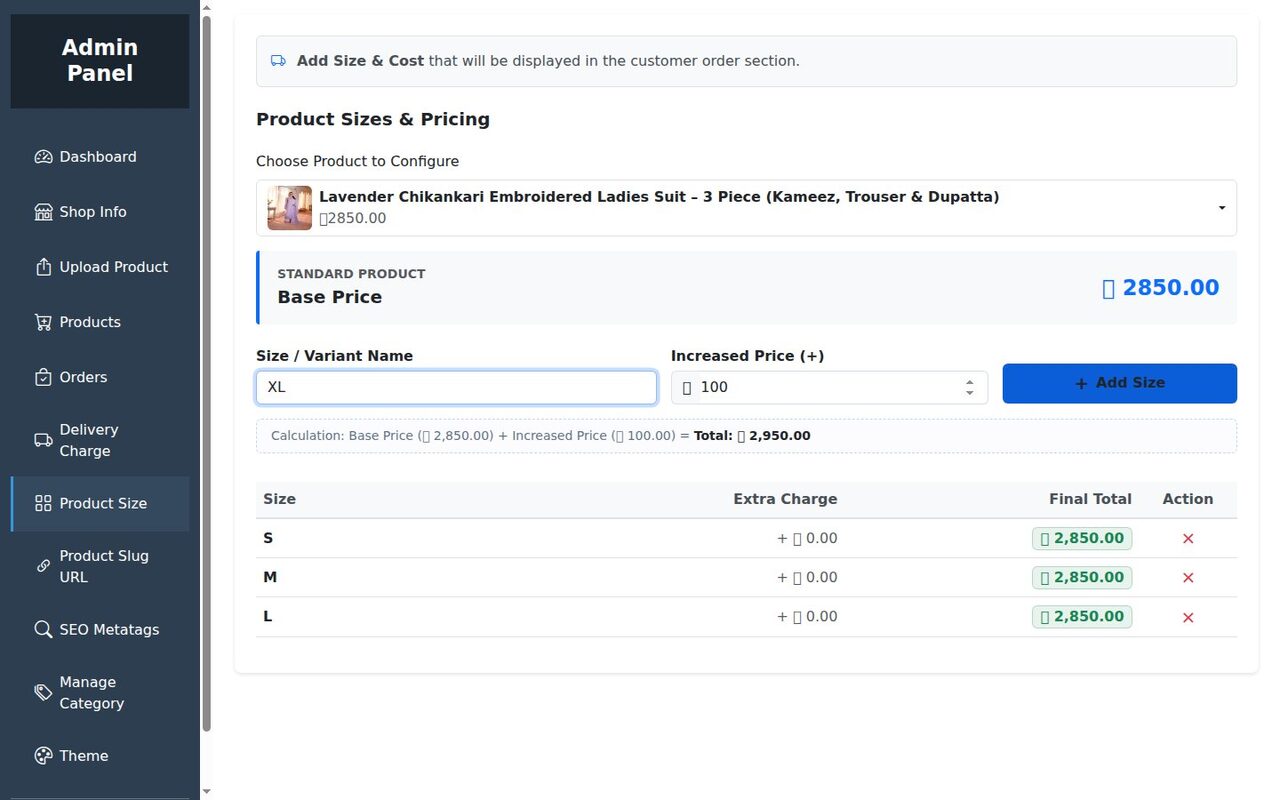 Product Sizes and Pricing form with base price and Add Size button