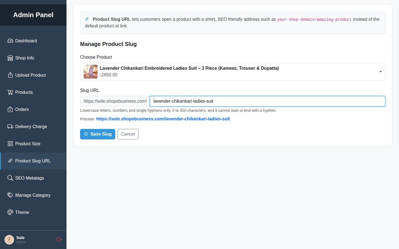 Manage Product Slug form with slug URL preview