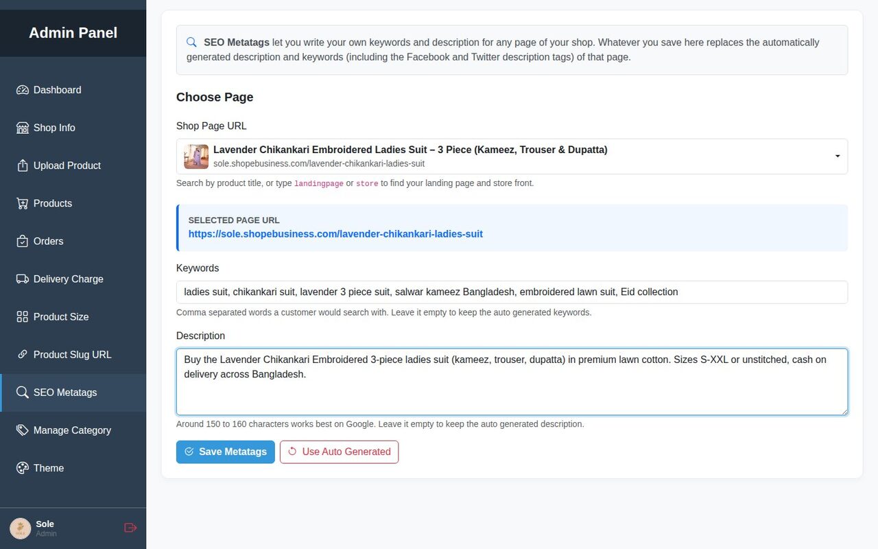 SEO Metatags form with Choose Page, Keywords and Description
