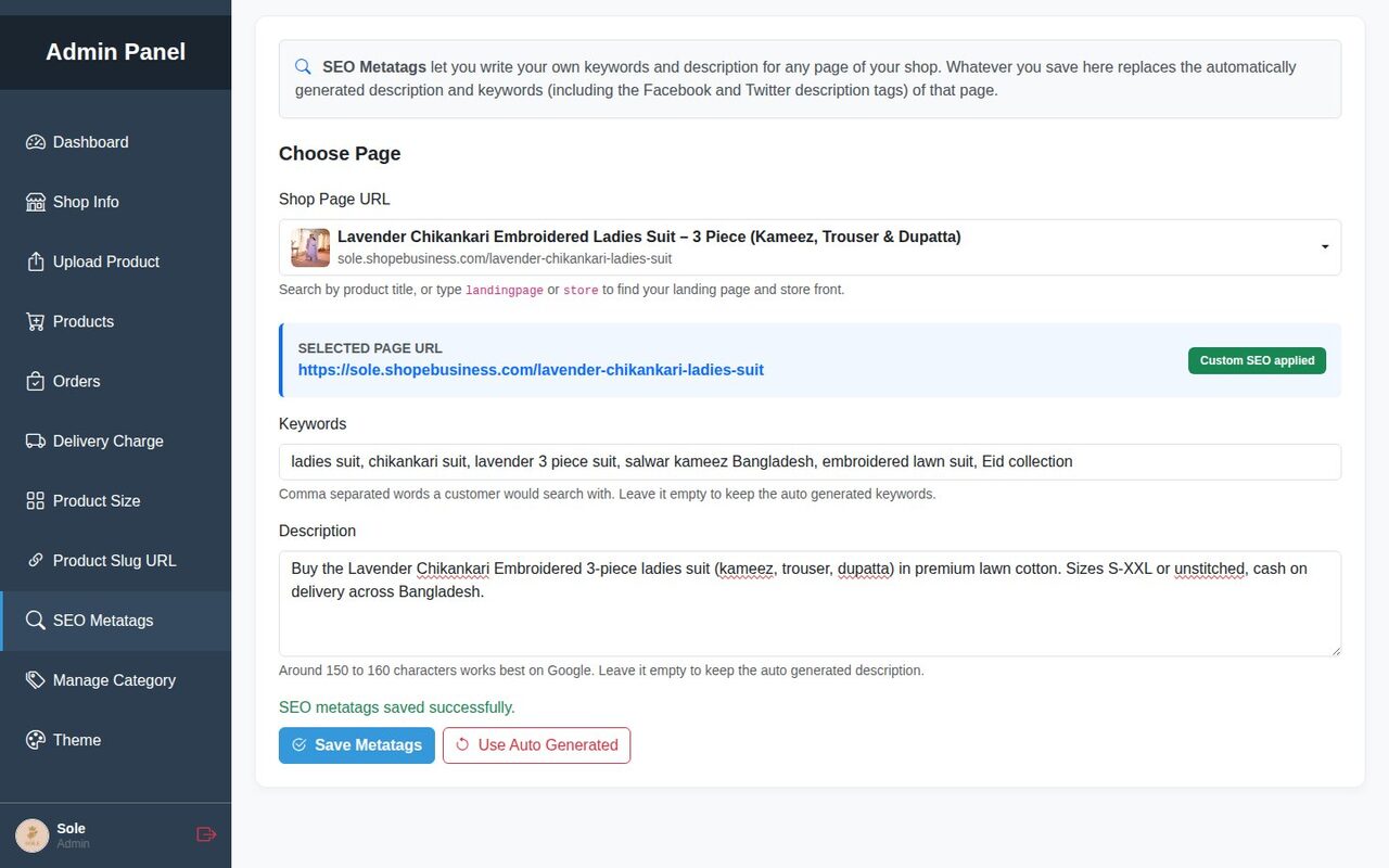 SEO Metatags saved successfully for the ladies suit product