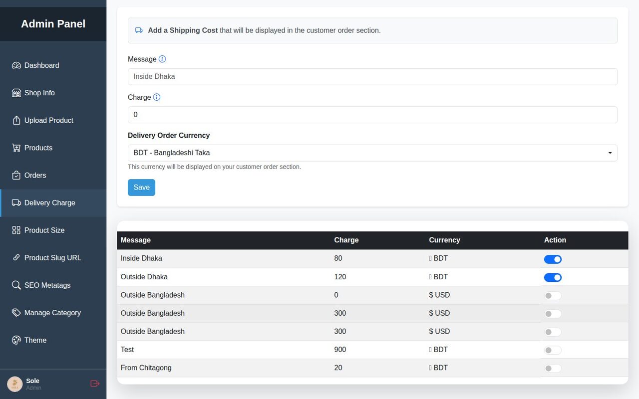 Delivery Charge form and table of shipping zones with charges and visibility toggles