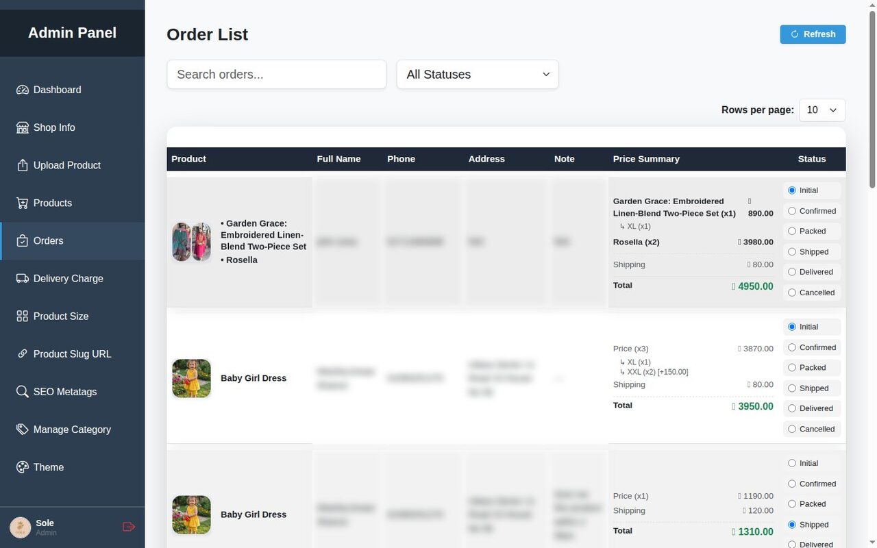 Order List with product, customer, price summary and status radio buttons