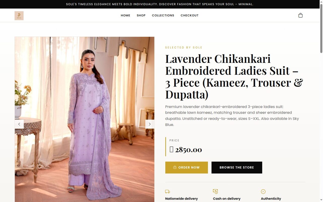 Fashion Luxe /buy page for the ladies suit with Order Now form
