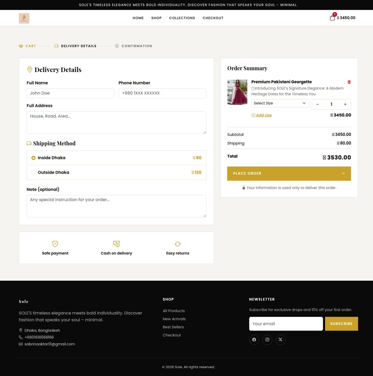 Fashion Luxe checkout page with delivery details, shipping method and order summary