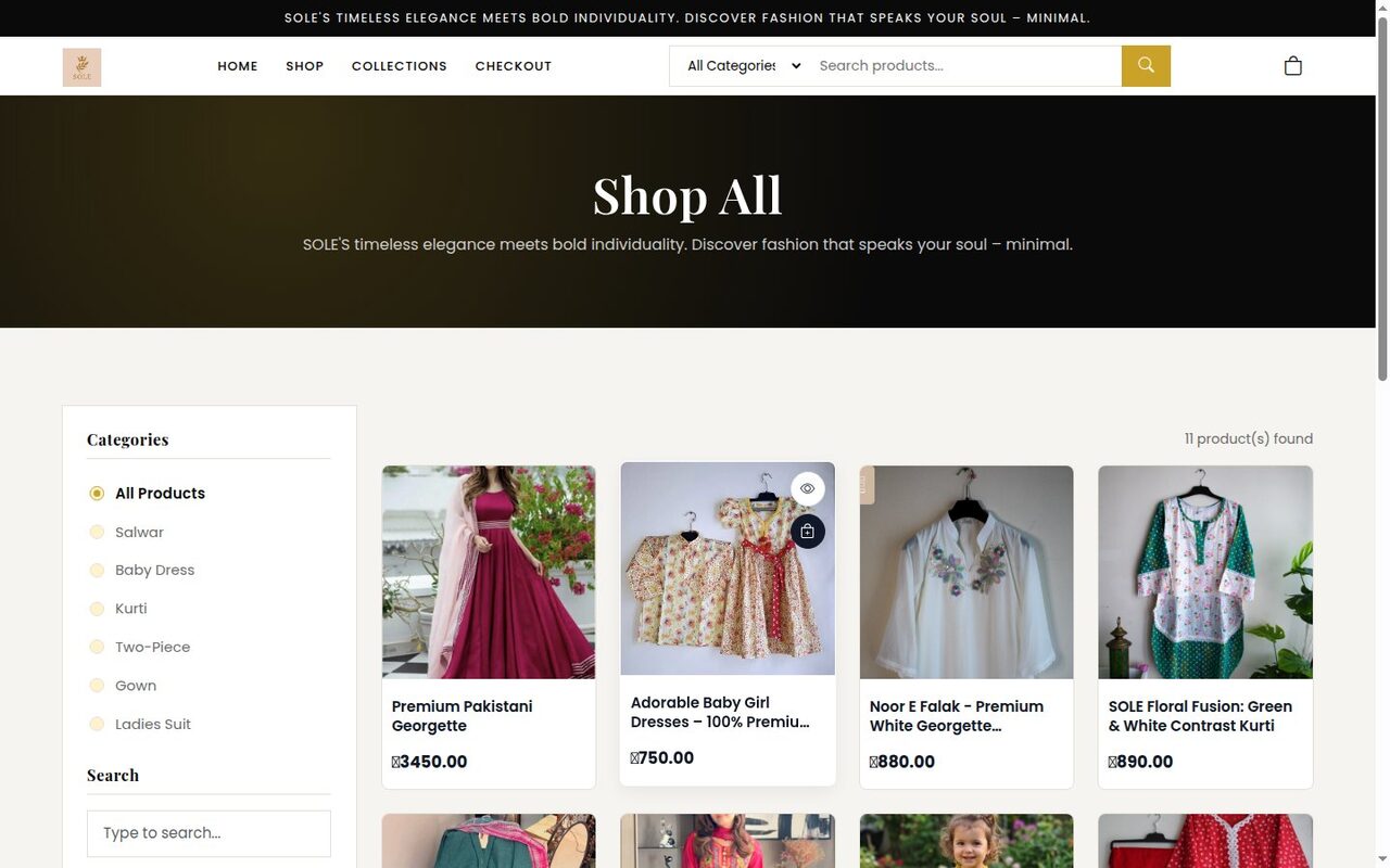 Fashion Luxe storefront home page with Shop All product grid and category sidebar