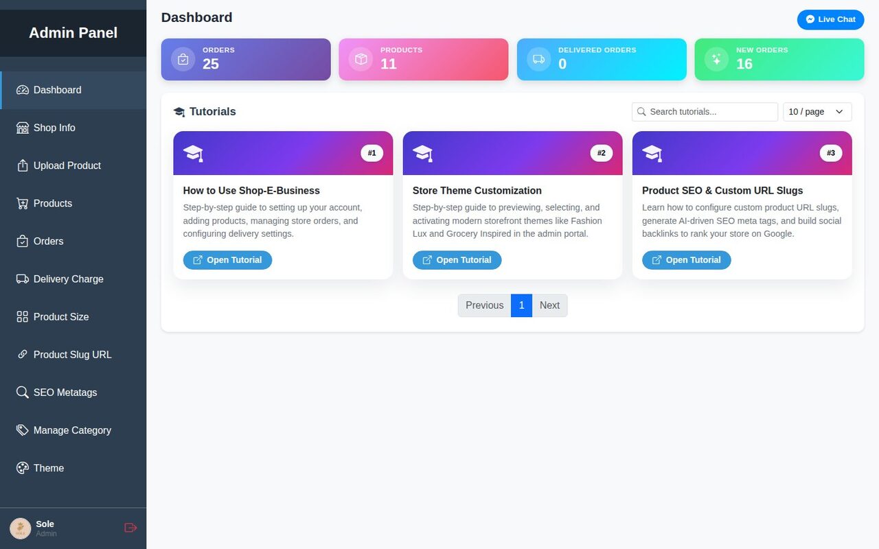 Admin Panel sidebar with the logout icon next to the shop name