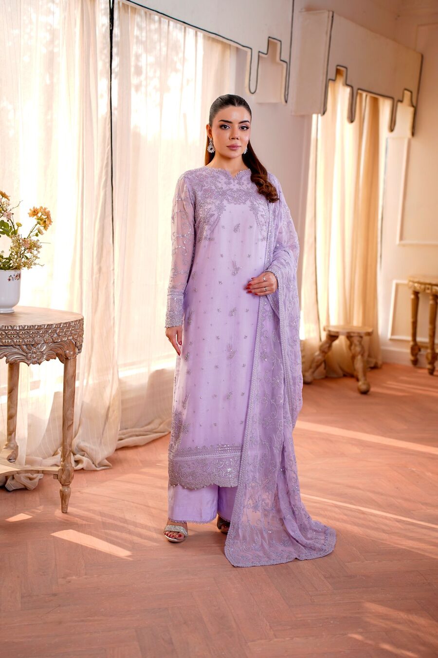 Lavender chikankari embroidered ladies suit — front view