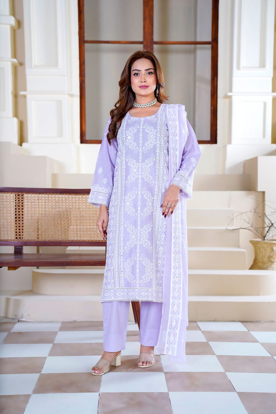Lavender chikankari embroidered ladies suit — detail
