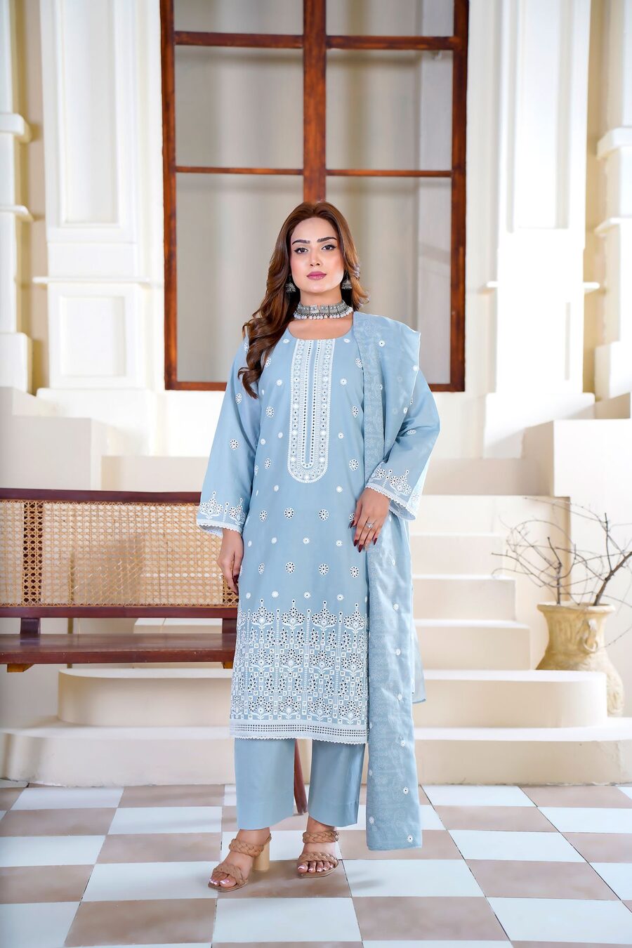 Sky blue chikankari embroidered ladies suit — colour variant